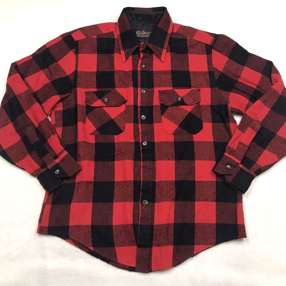 80s SEARS Acrylic Flannel Shirt Men M Red Black Buffalo Plaid Single Stitch